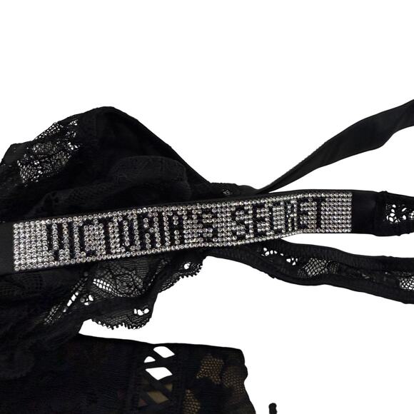 Victoria Secret Panty Thong Bling Shine Strap Black Lace Logo XL - Picture 3 of 6